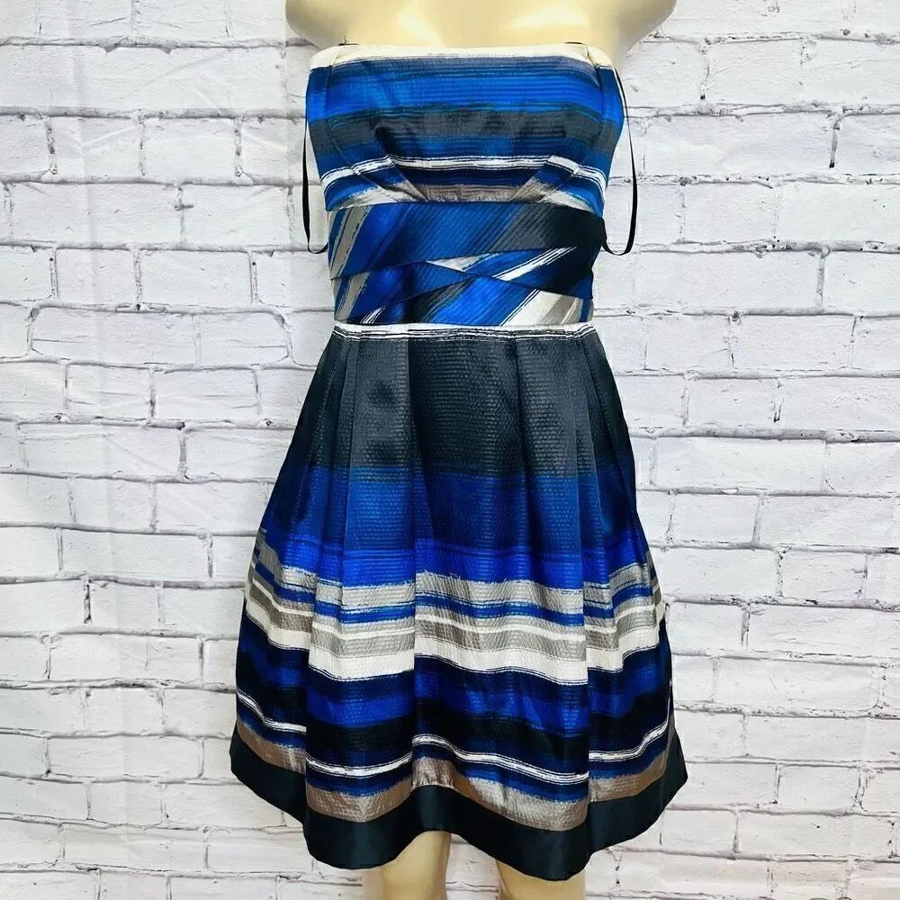 MaxandCleo Womens Blue Sapphire Striped Strapless Fit & Flare Midi Dress Size 6